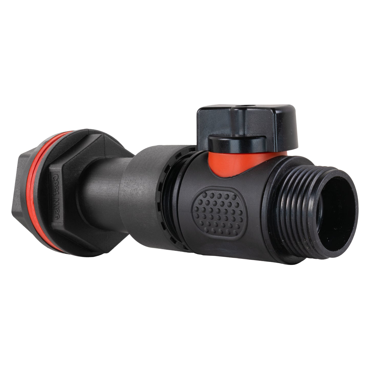 3/4" BSP inline valve connector with orange/red handle and threaded outlet
