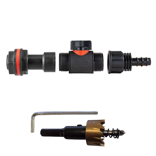Water butt extension kit with inline valve, barbed connector and separate drill bit