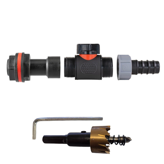 Water butt extension kit with inline valve, 20mm barb and drill bit