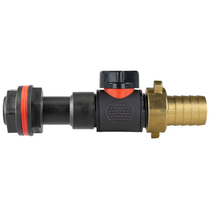 Water butt extension inline valve with brass 3/4" barb outlet and black inlet connector
