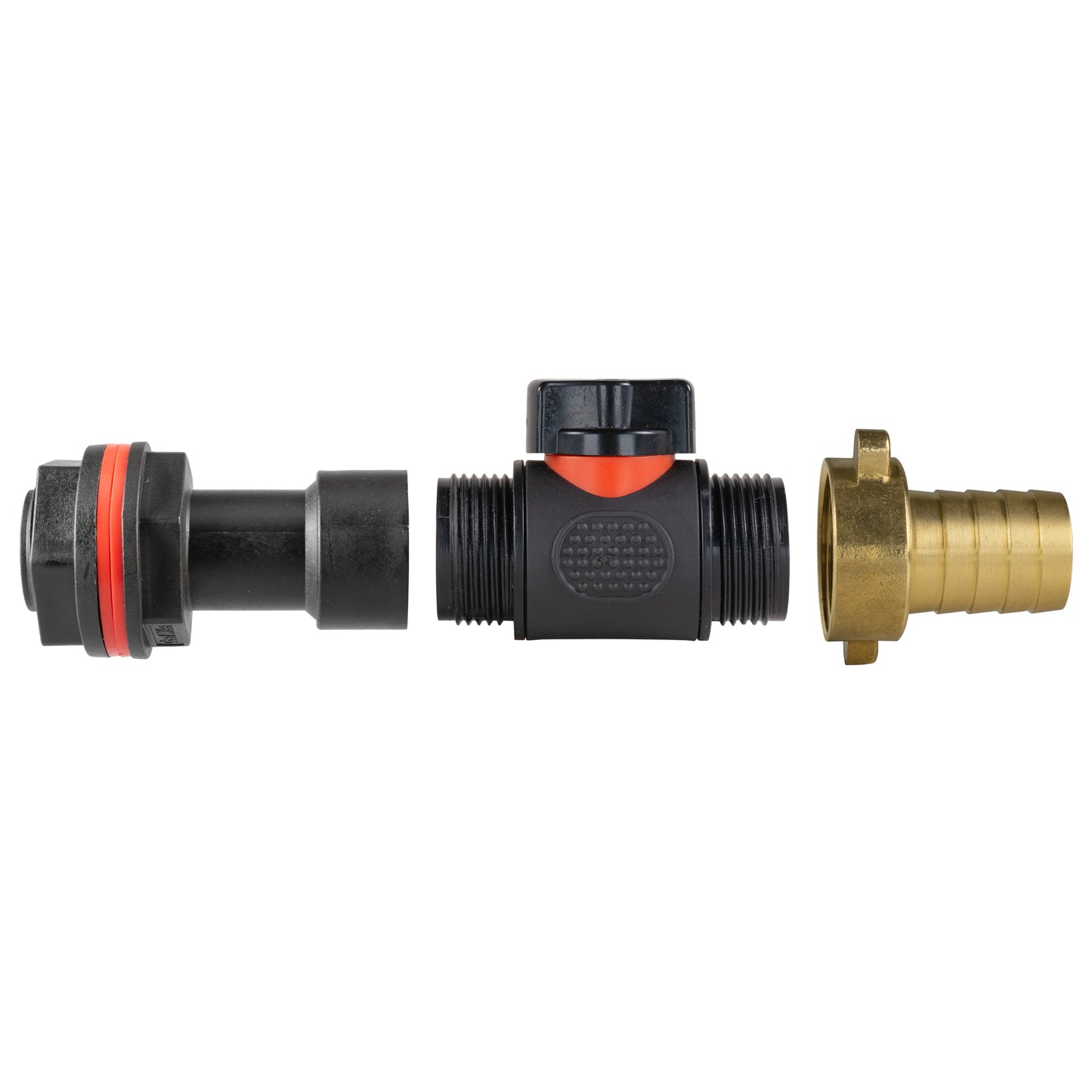 Inline valve water butt extension with dual ends: black connector and brass 3/4" barb