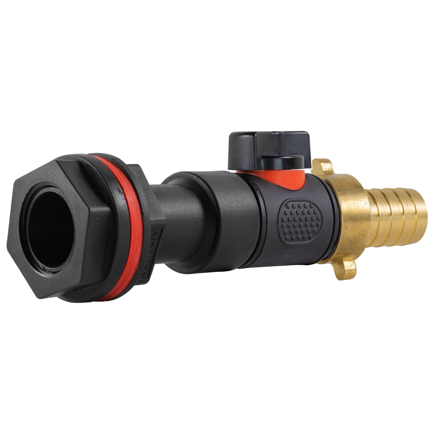 Water butt extension valve with black hoses and brass 3/4" barbed fitting on the end