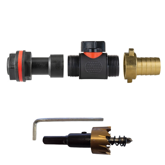 Water butt extension kit: inline valve, brass 3/4 barb and drill bit