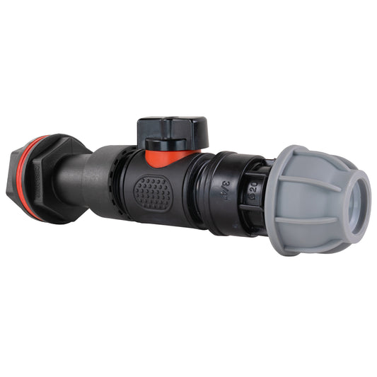 Water butt extension kit with inline valve, 3/4" BSPM outlet and 20mm MDPE fitting
