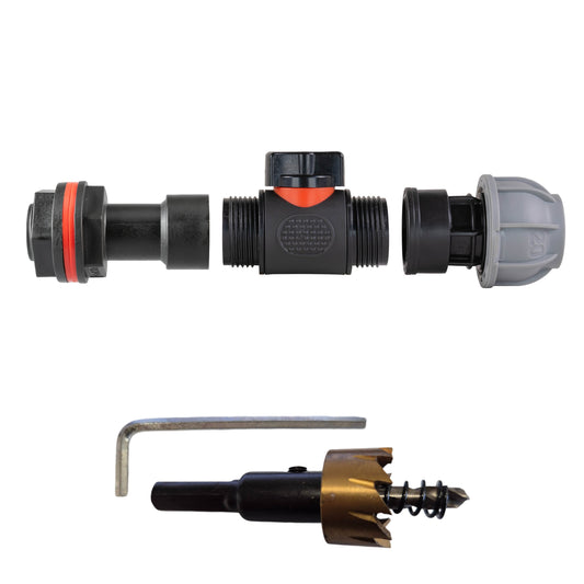 Water butt extension kit with inline valve, 20mm MDPE pipe and 3/4" BSPM fittings