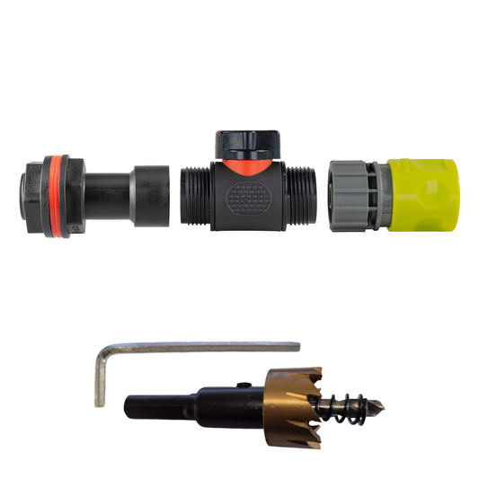 Water butt extension kit with inline valve, lime female quick connector, 3/4" fittings