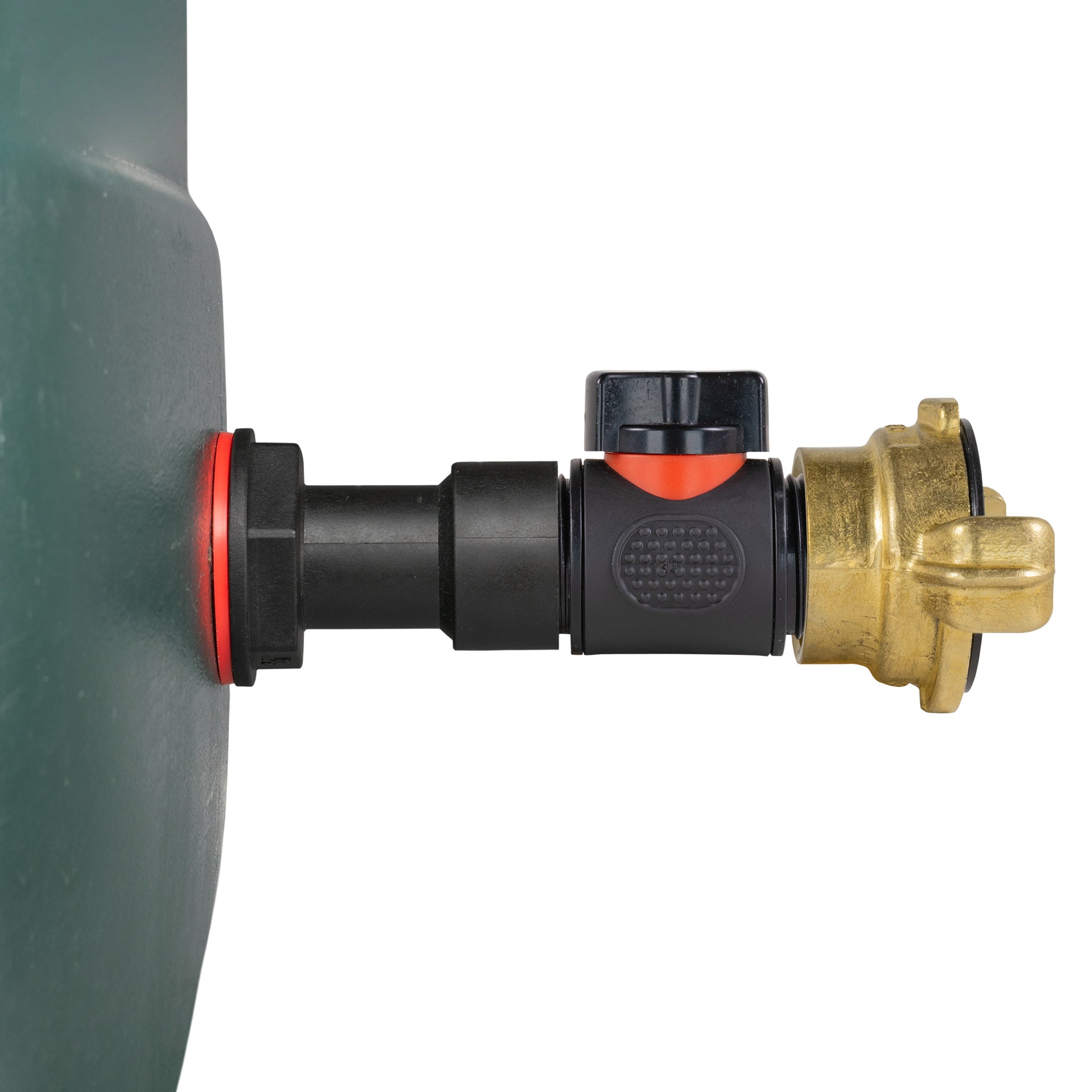 Water butt inline-valve adapter with black connector and brass Geka outlet