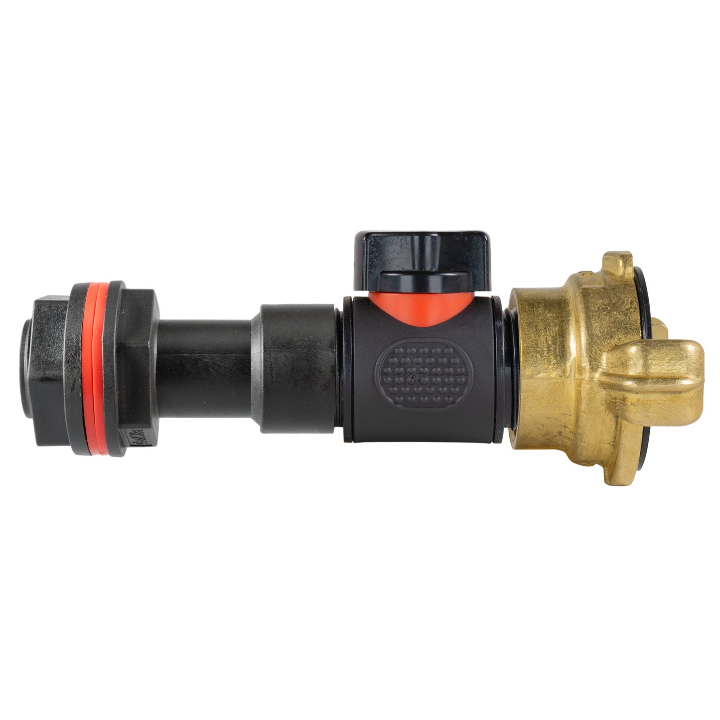 Inline valve section with black fittings and brass Geka connector