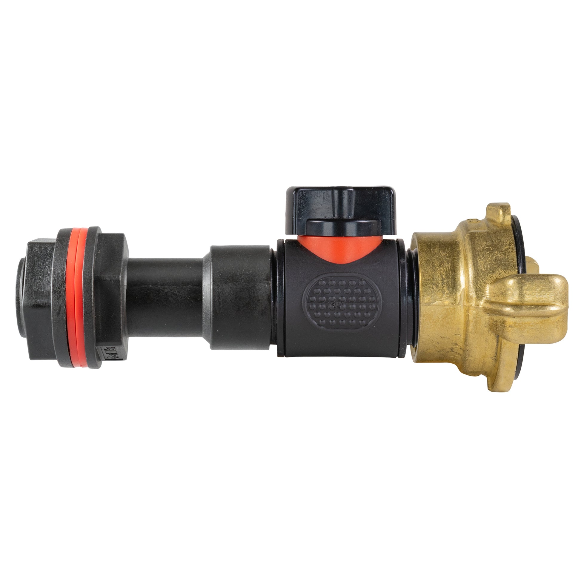 Black inline valve water butt extension with brass Geka fitting