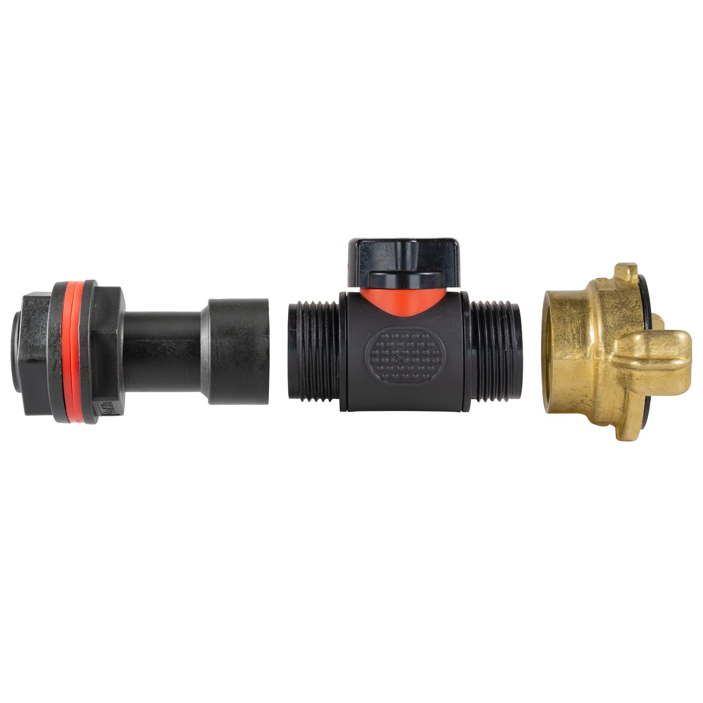Inline valve with threaded ports on both sides and brass outlet connection