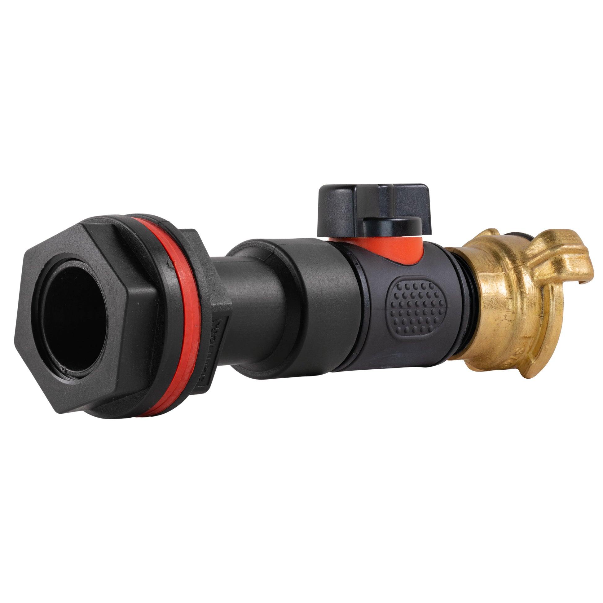 Water butt extension kit with black ends, inline valve, and brass outlet