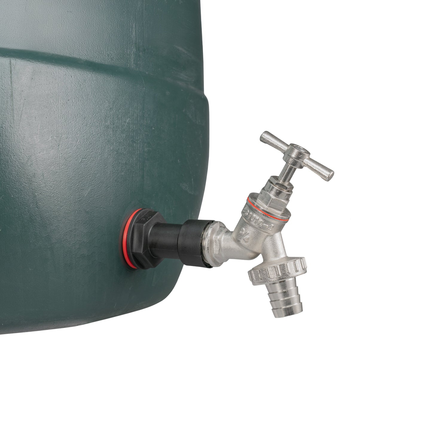 Water butt inlet fitting: barbed tap connected to black bulkhead with red seal