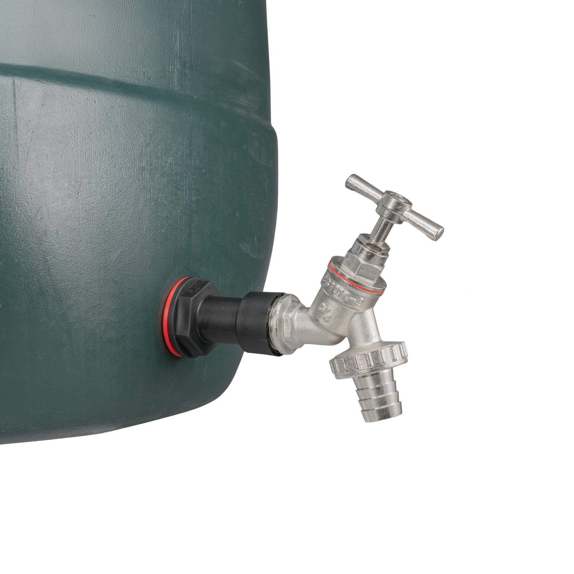Water butt inlet fitting: barbed tap connected to black bulkhead with red seal