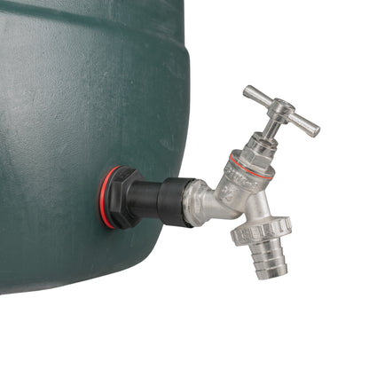 Water butt connector with barbed tap, wing handle, and black bulkhead seal