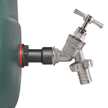 Water butt extension tap with nickel-plated barbed connector and black grommet