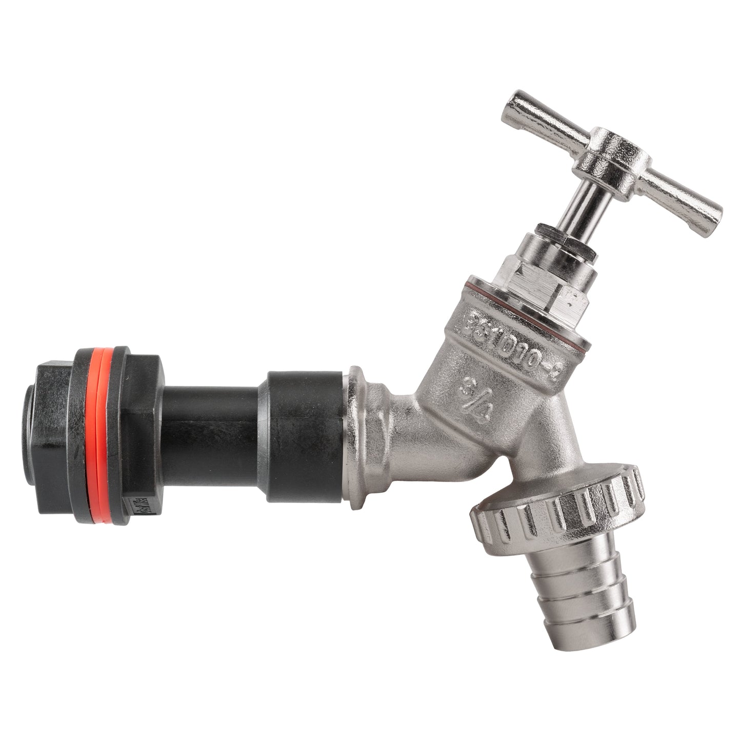Nickel-plated barbed tap fitting with 3/4" BSP thread and wing handle