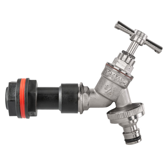 3/4" water butt extension quick-connect tap fitting, nickel-plated brass outlet and control handle