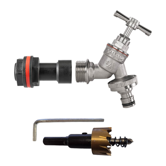 3/4" BSPM quick-connect tap adapter with nickel-plated outlet and drill bit
