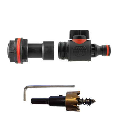 Water Butt Extension Kit 3/4" with quick-connect valve and black hose adapter