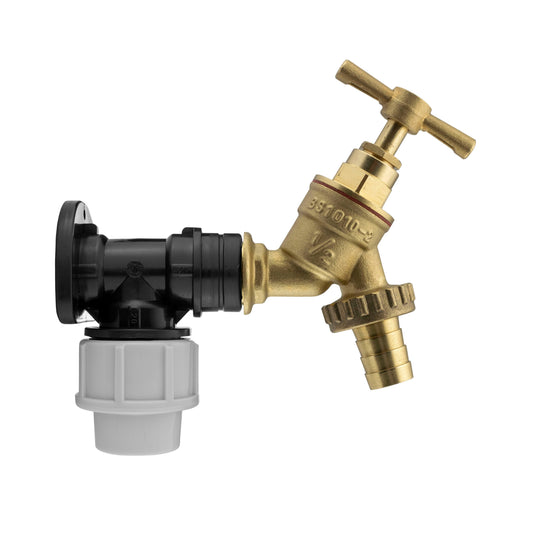 Brass wall flange kit for 20mm MDPE, 1/2 in barbed garden tap valve