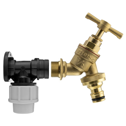 Brass tap valve with snap-on wall flange and black MDPE elbow, 1/2" BSPF