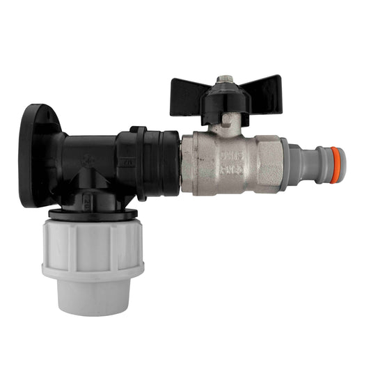 20mm MDPE bib valve with snap-on male, black wall flange and threaded outlet