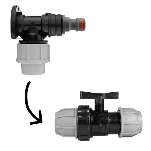 20mm MDPE snap-on male wall flange kit with inline valve, black and grey