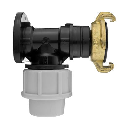 Geka 20mm MDPE wall flange kit with brass clamp and black plastic body
