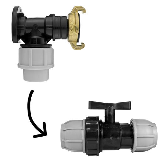 20mm MDPE wall flange kit with in-line valve & Geka coupling, black/grey