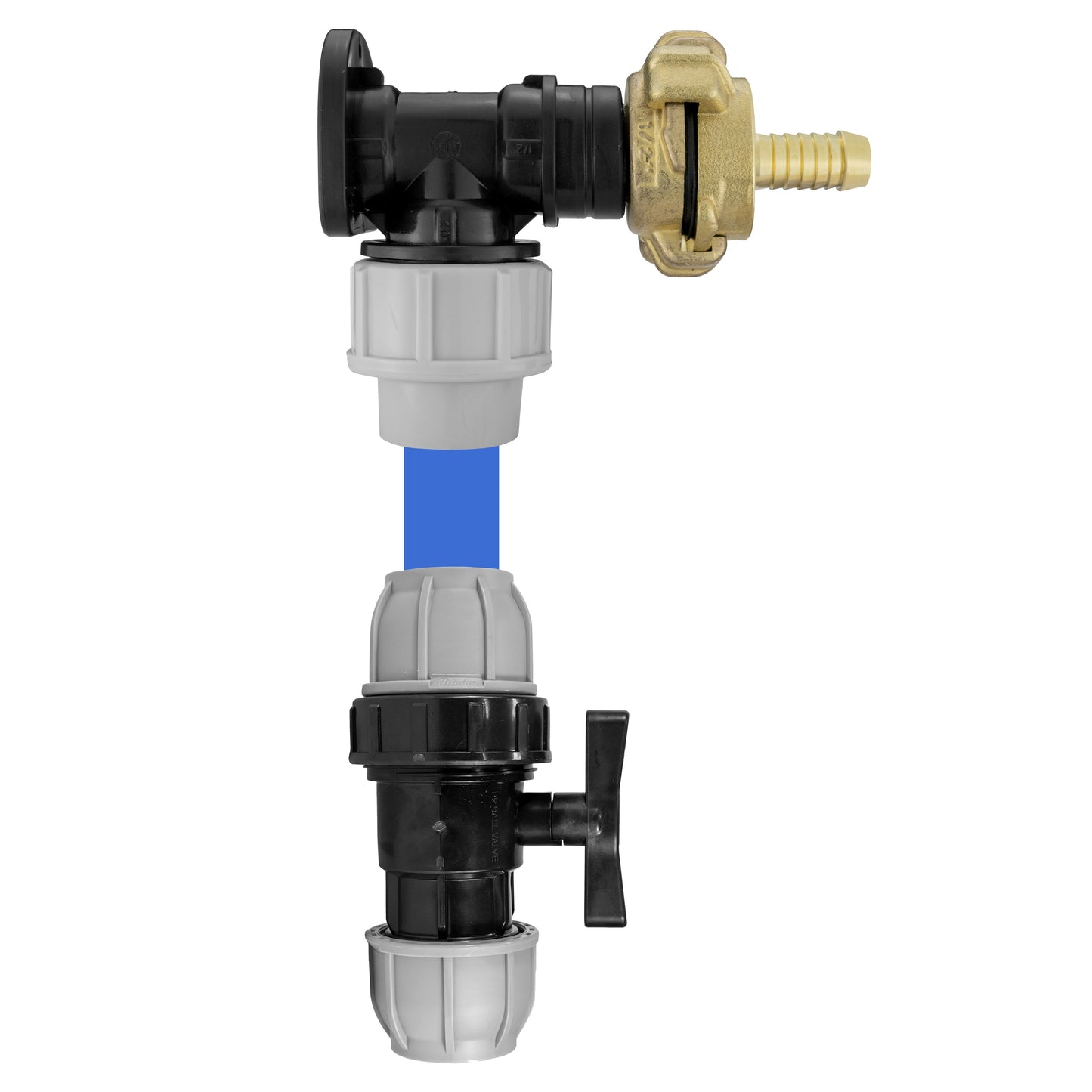 Wall flange kit with black valve, brass 1/2" barb, and grey/white MDPE housing
