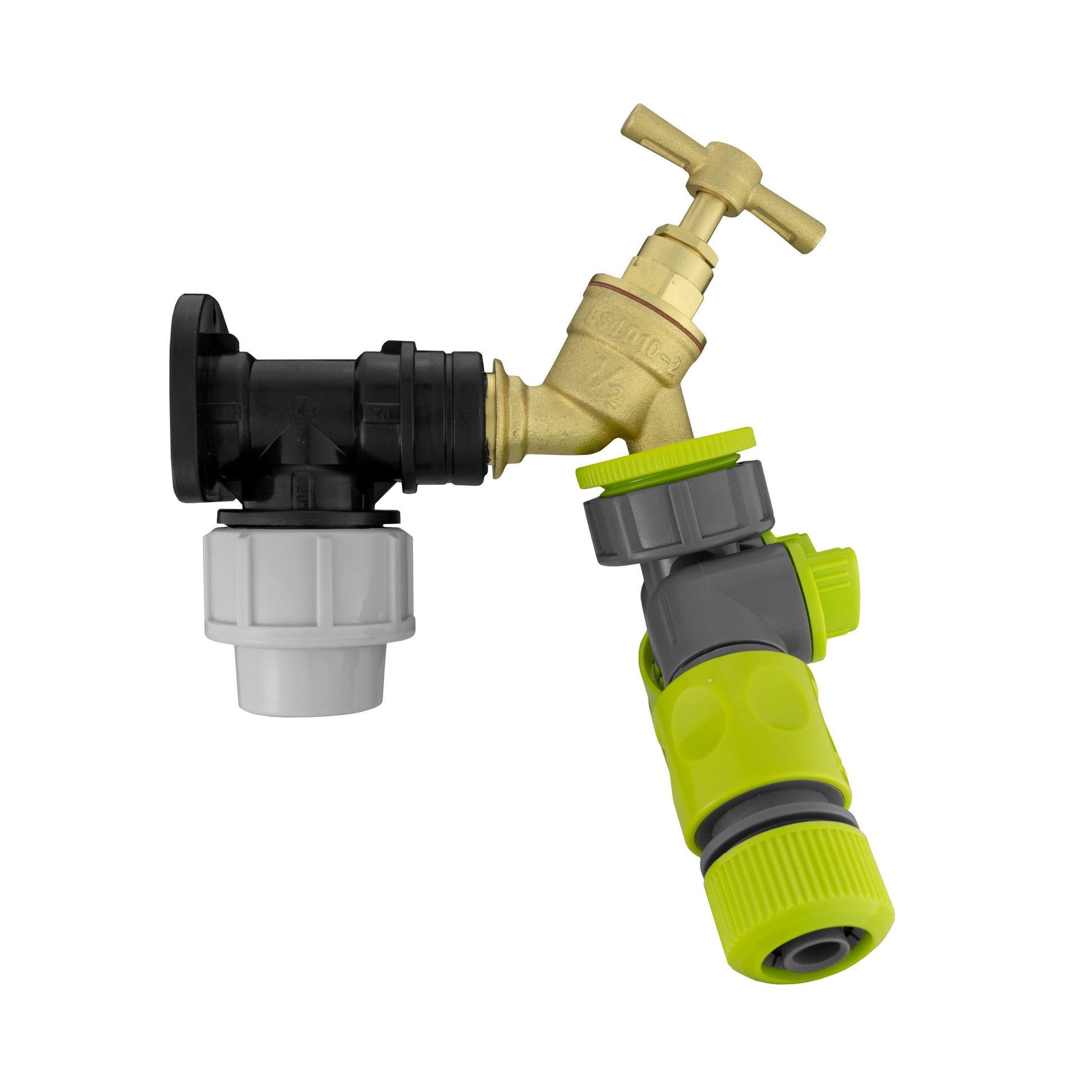 Brass tap with two-way MDPE splitter connectors, 20mm wall flange kit