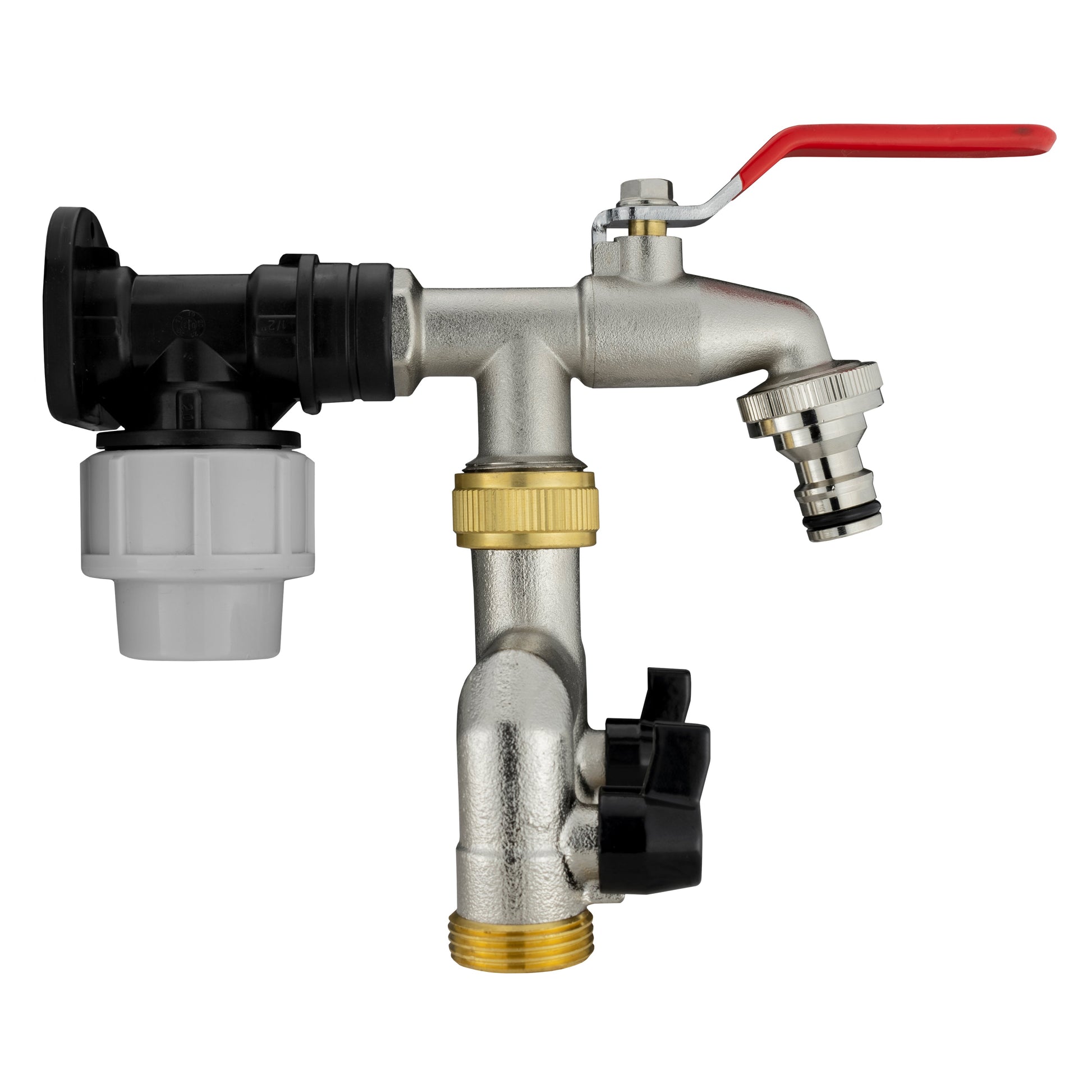 20mm MDPE wall flange kit with red lever, silver body and threaded outlet fittings