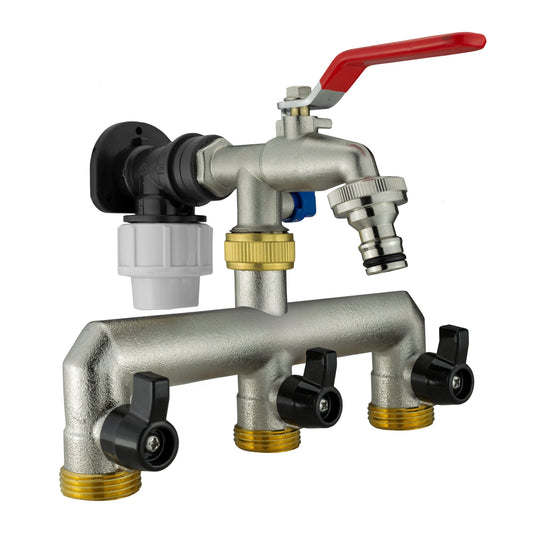 Metal wall flange splitter tap with red lever, triple outlet, 20mm MDPE