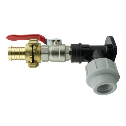 MDPE wall flange kit with lever valve, red handle, and brass barbed connector