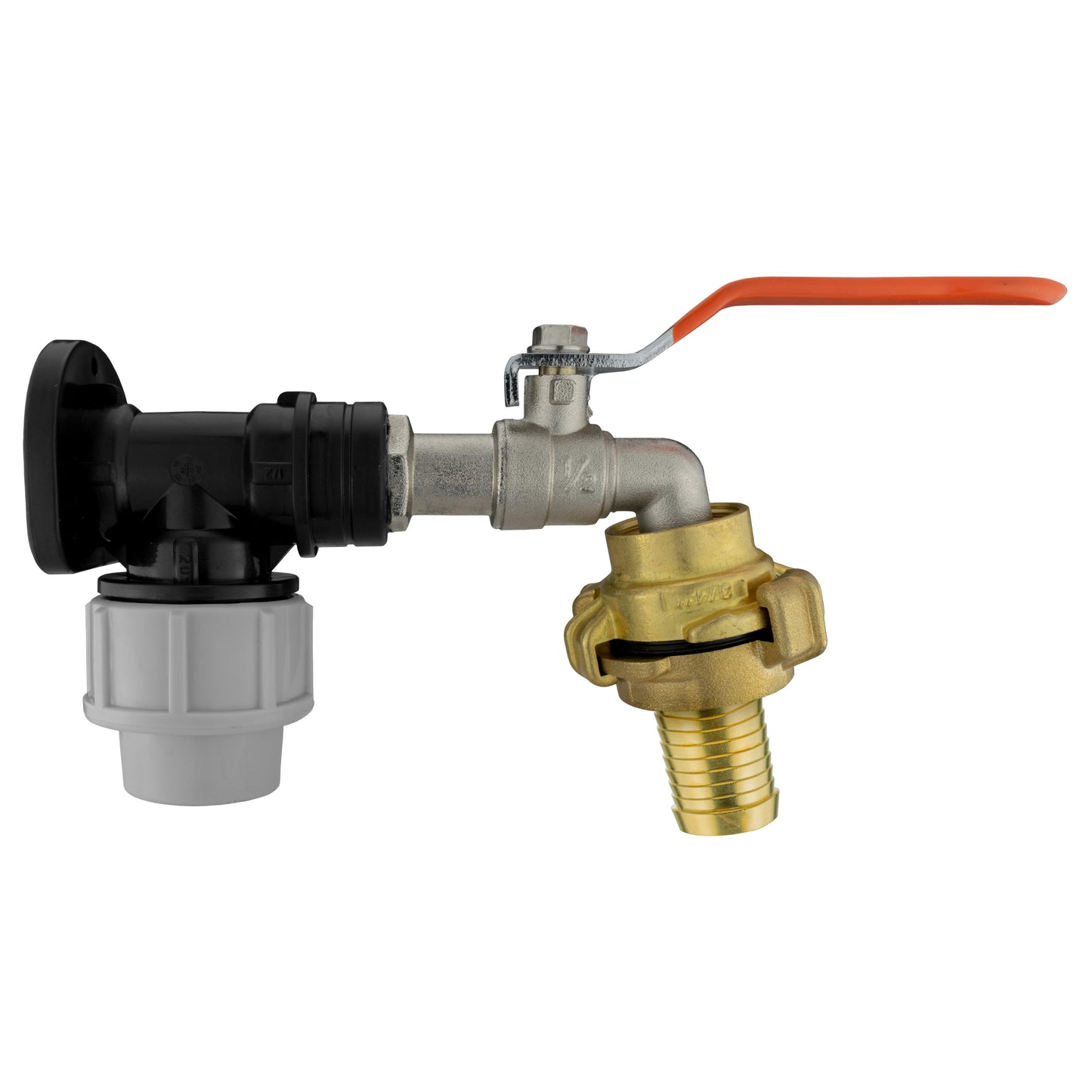 Wall flange kit with lever tap and 25mm barbed connector; mixed black, grey, brass parts
