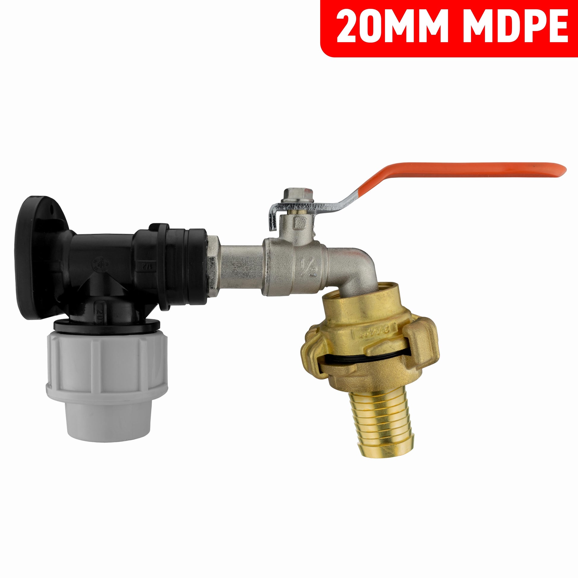 20mm MDPE wall flange kit with lever tap and brass barbed fitting