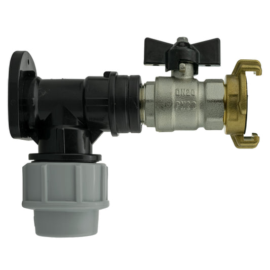 20mm MDPE wall flange kit with bib valve and 1/2" Geka connector, black/grey/bronze parts
