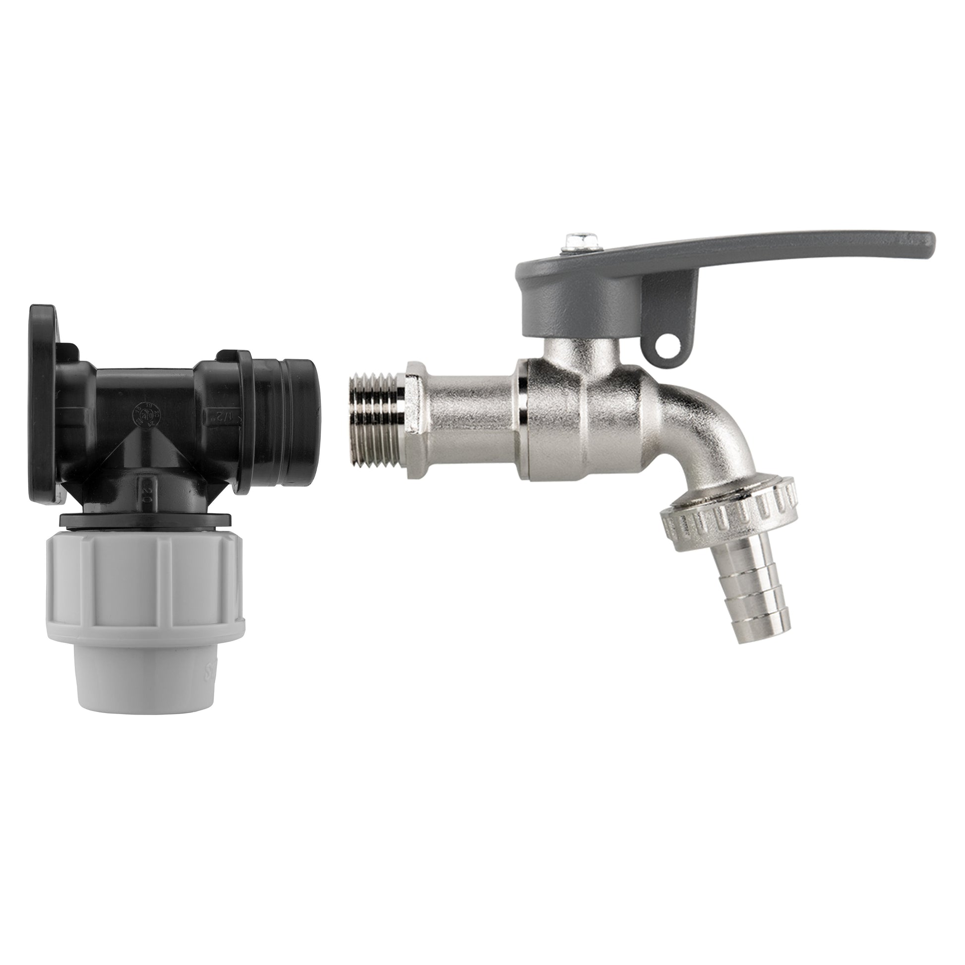 20mm MDPE wall flange kit with lever tap, hose barb and side lock fitting