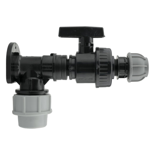 32mm wall flange kit with large plastic valve, straight MDPE, black and grey