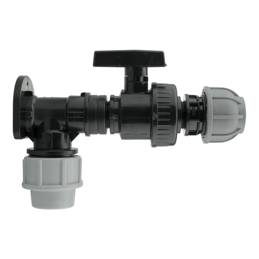 25mm MDPE wall flange kit with large plastic valve, straight and elbow connections