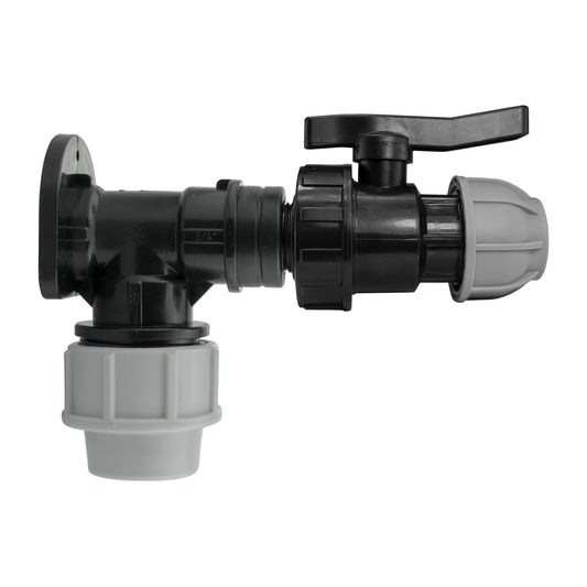 25mm MDPE wall flange kit with valve, two 25mm connections, black and grey