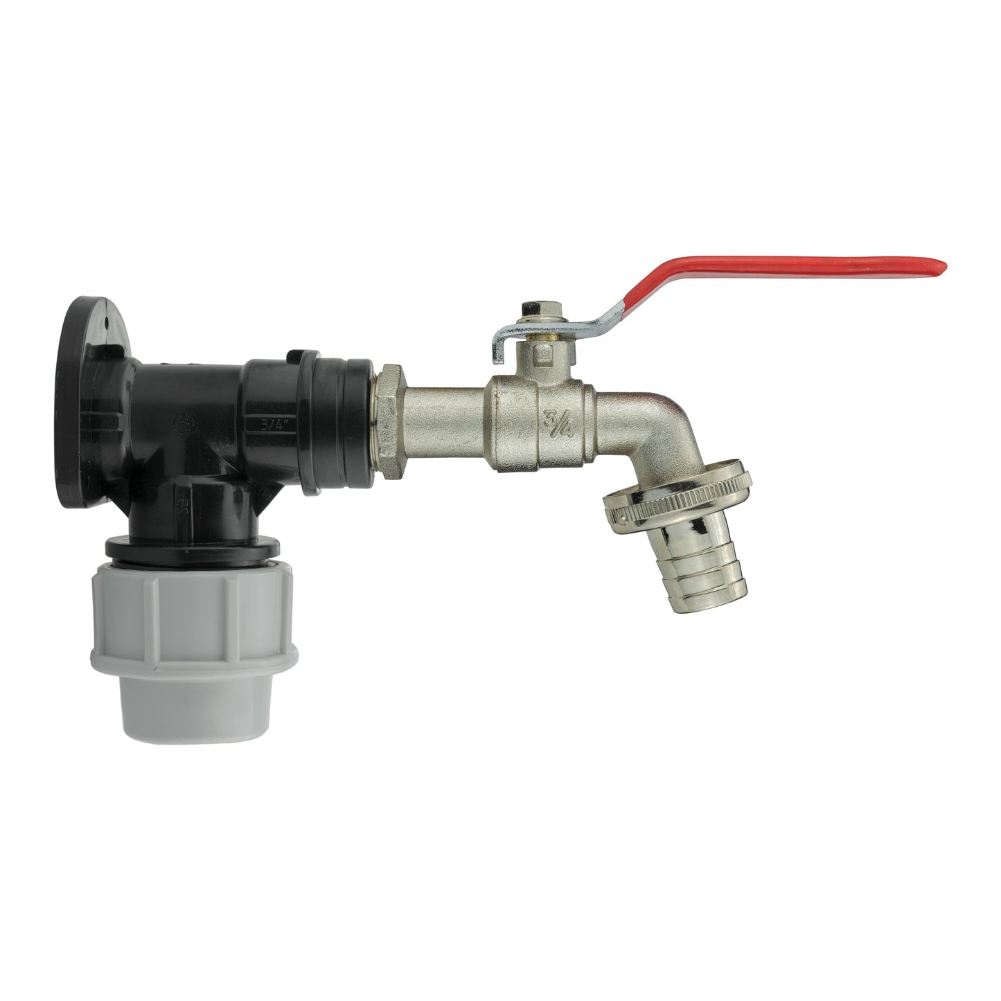 25mm MDPE wall flange with 3/4" lever tap, red handle, black elbow