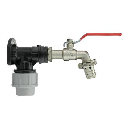 25mm MDPE wall flange with 3/4" lever tap, red handle, black elbow