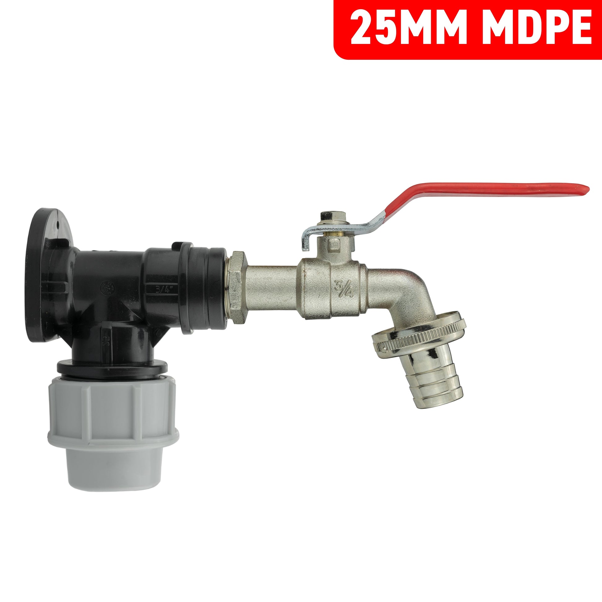25mm MDPE wall flange with 3/4" lever tap, red handle and barb outlet