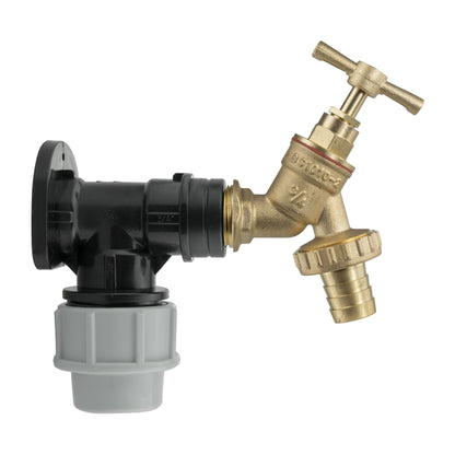 32mm MDPE wall flange kit with brass 3/4" barb garden tap connection