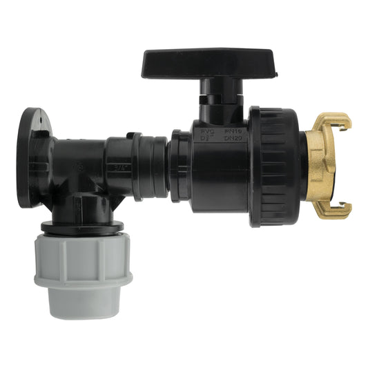 Wall flange kit with large plastic valve, 25mm MDPE, black fittings and brass connection