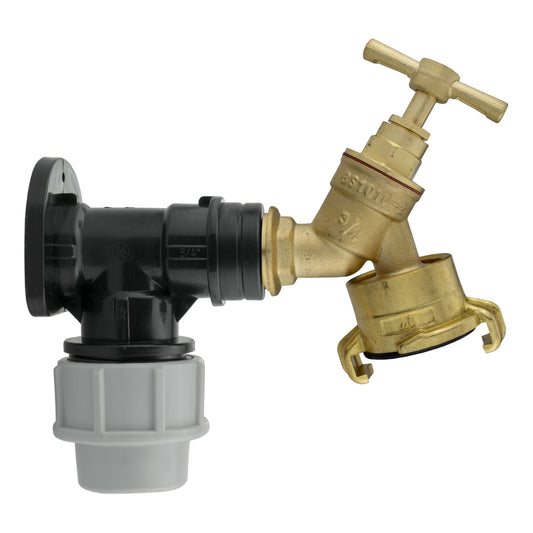 25mm MDPE wall flange kit with brass bib tap outlet and black fitting