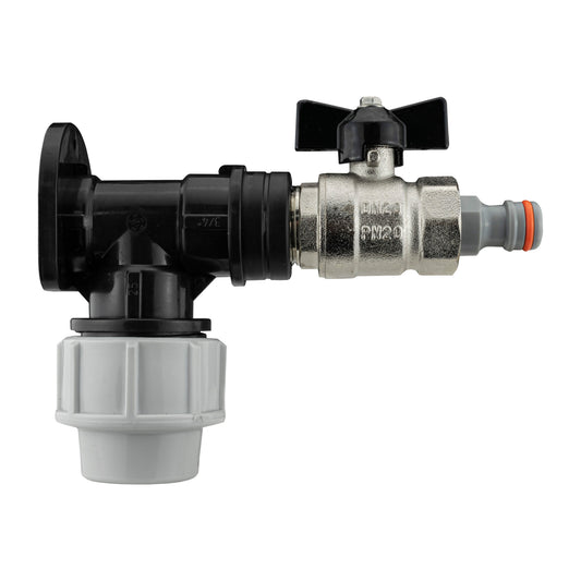 32mm Wall Flange Kit: MDPE click-lock male + bib valve, black and silver parts