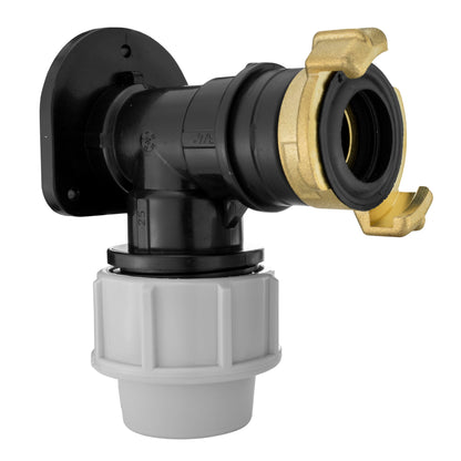 Wandflansch-Set 25 mm MDPE mit 3/4" BSP-Anschluss, schwarzes Kunststoff-Winkelstück