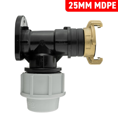 Wandflansch-Set 25 mm MDPE, 3/4" BSP-Anschluss; schwarzes Rohrfitting mit Messingring